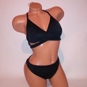 Victoria Secret PINK Swim Bikini Large Top XL Bottom Black Solid Wrap Halter Rem
